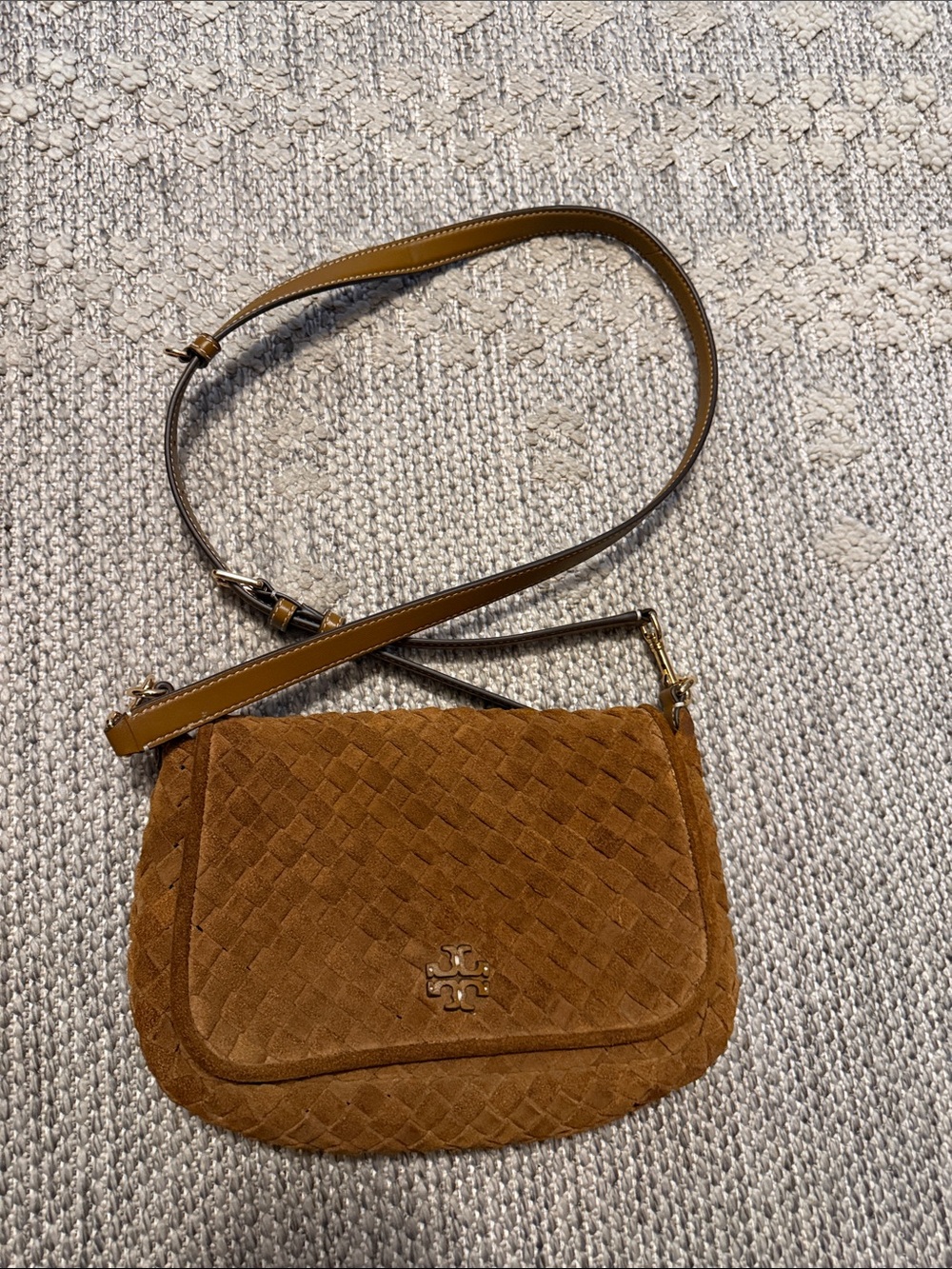 Tory Burch Cognac Woven Suede Crossbody Bag